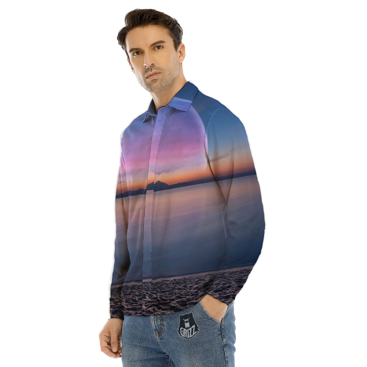 Moon And Beach Print Men's Dress Shirts-grizzshop