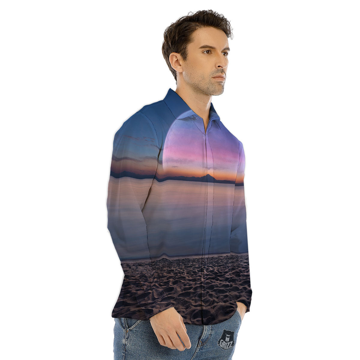 Moon And Beach Print Men's Dress Shirts-grizzshop