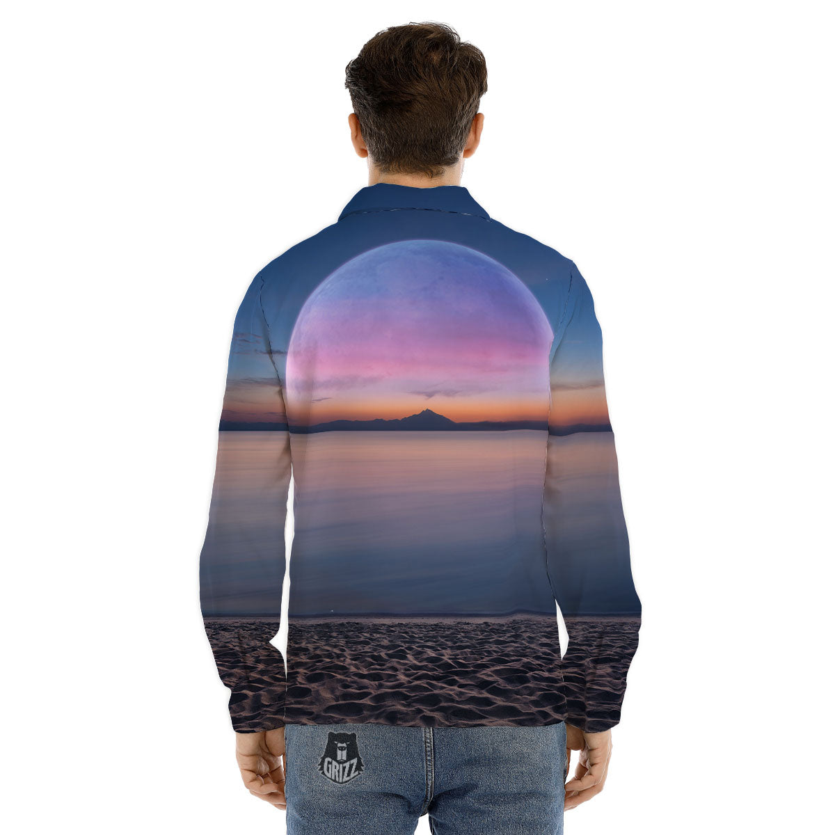 Moon And Beach Print Men's Dress Shirts-grizzshop