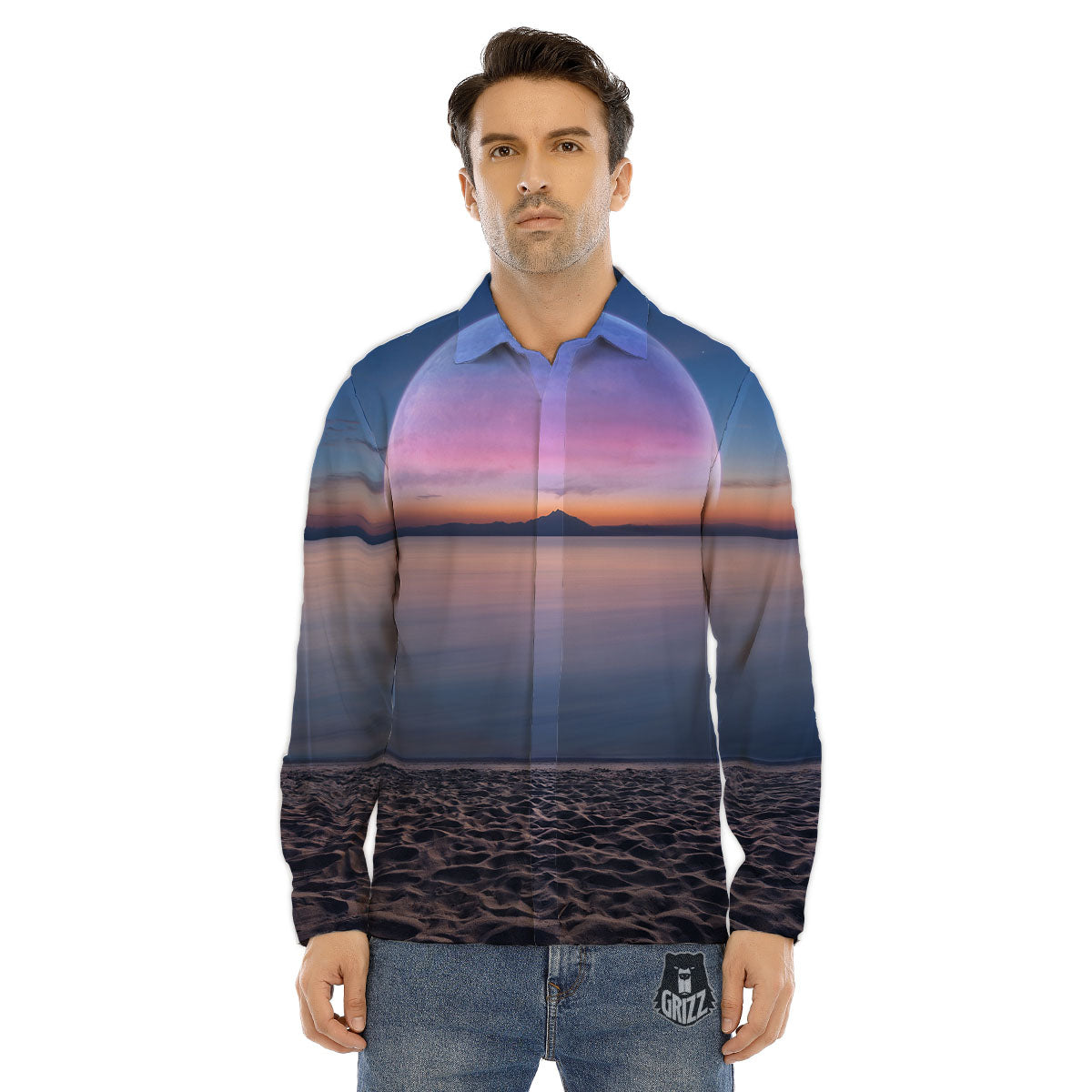 Moon And Beach Print Men's Dress Shirts-grizzshop