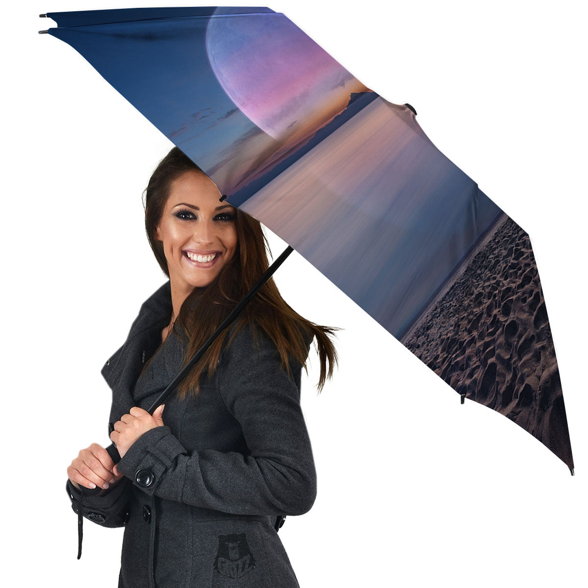 Moon And Beach Print Umbrella-grizzshop