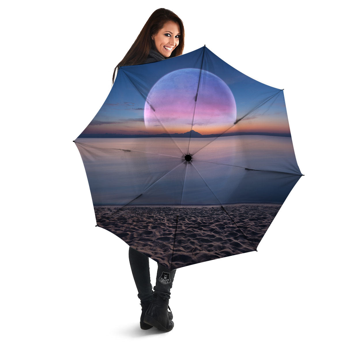 Moon And Beach Print Umbrella-grizzshop