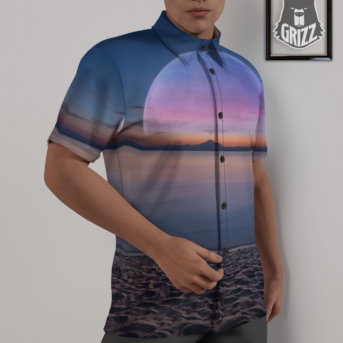 Moon And Beach Print Untucked Shirts-grizzshop