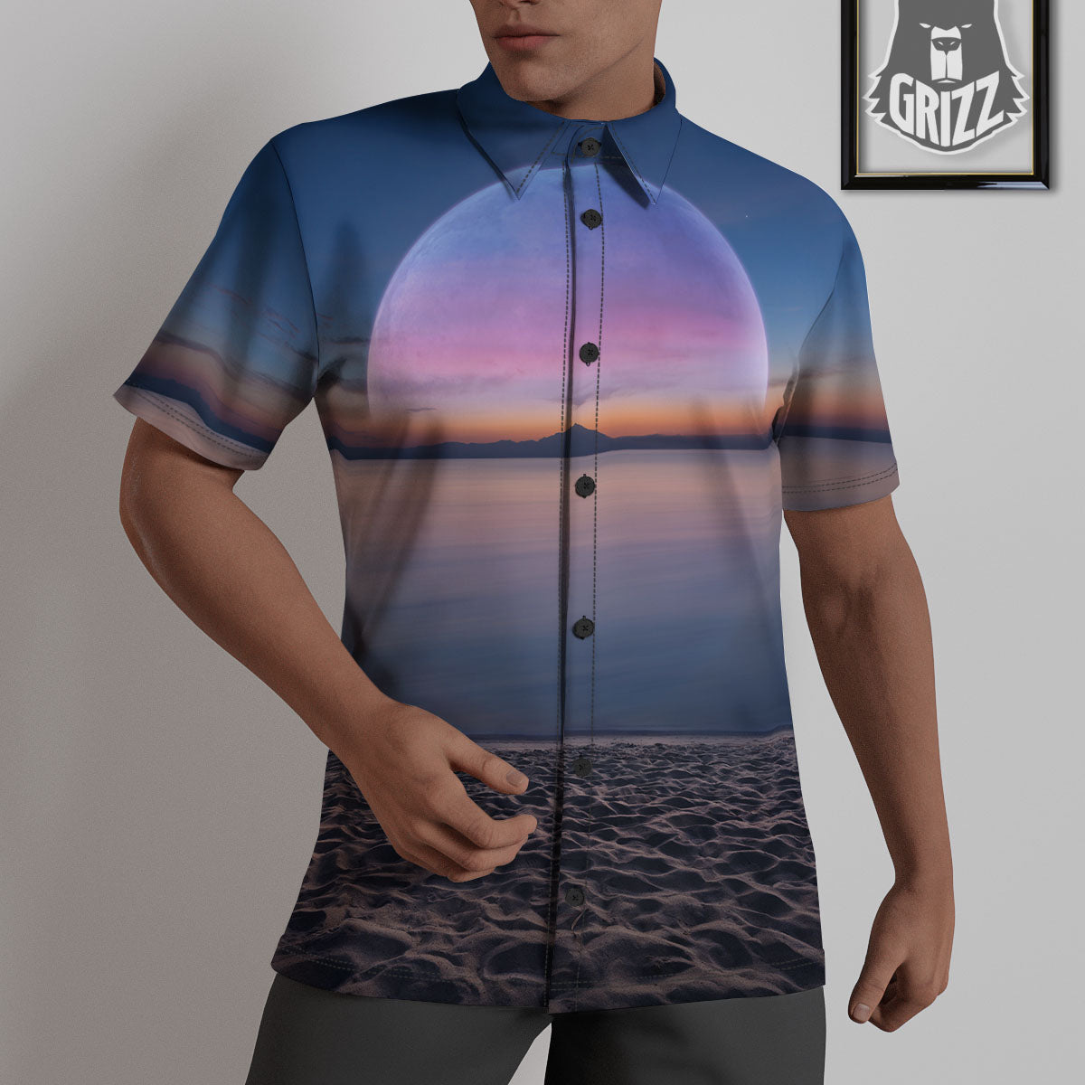Moon And Beach Print Untucked Shirts-grizzshop