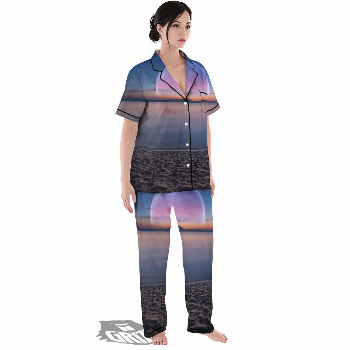 Moon And Beach Print Women's Pajamas Set-grizzshop