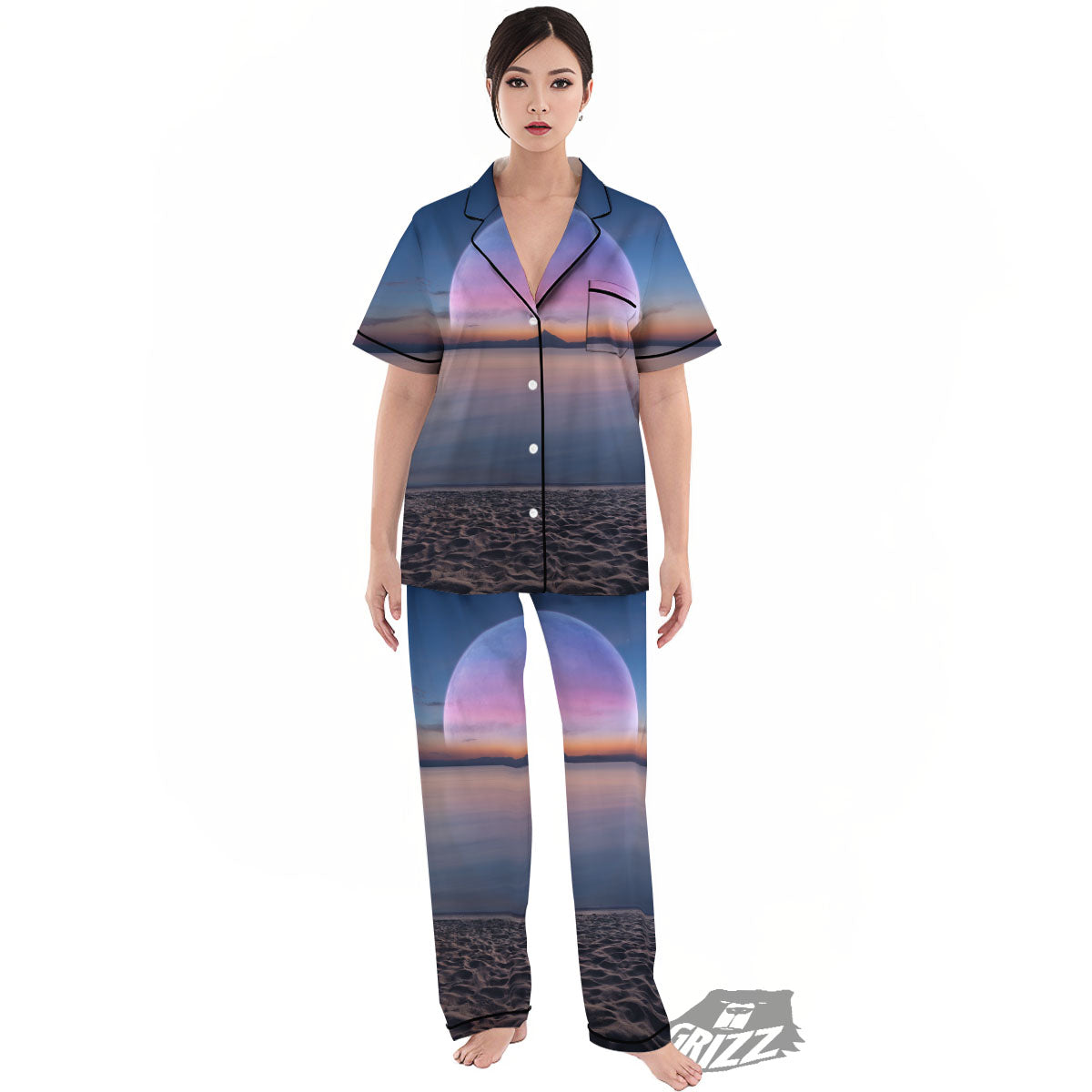 Moon And Beach Print Women's Pajamas Set-grizzshop