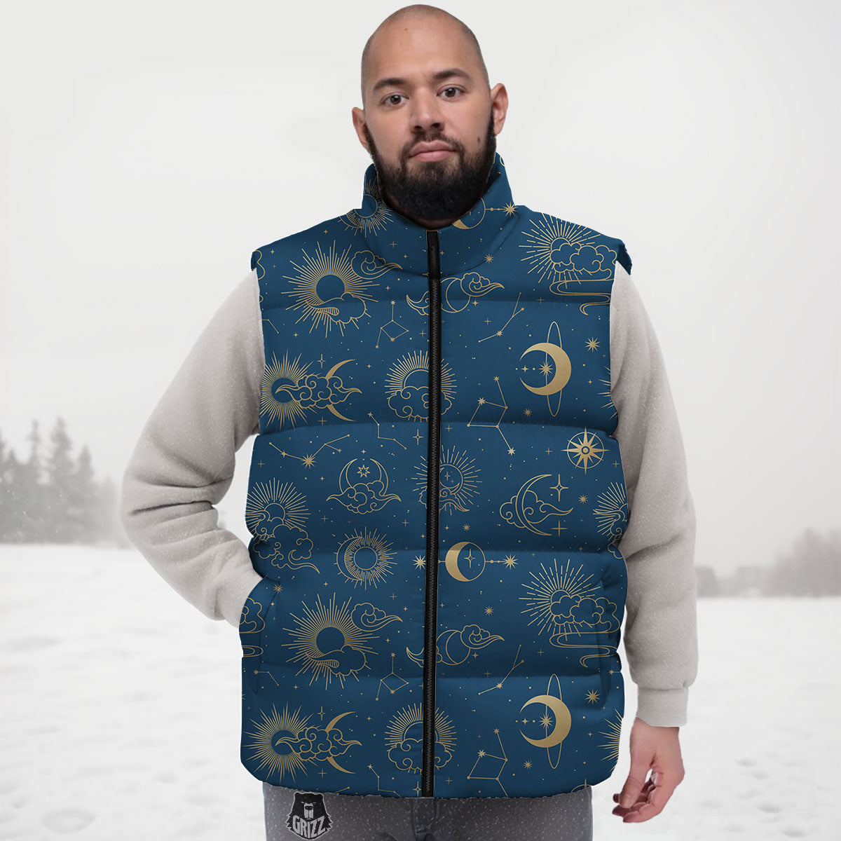 Moon And Blue Sun Print Pattern Down Vest