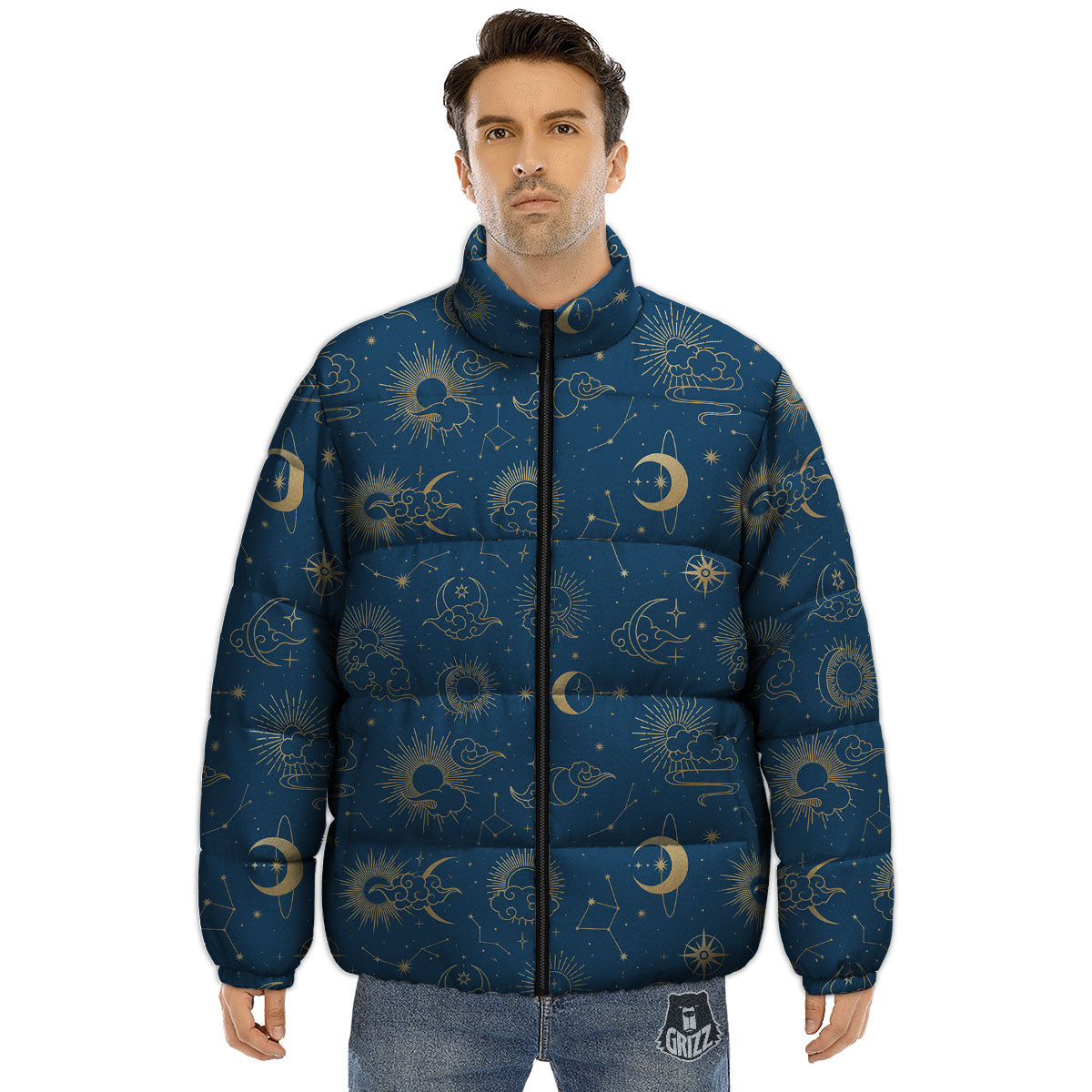 Moon And Blue Sun Print Pattern Puffer Jacket-grizzshop