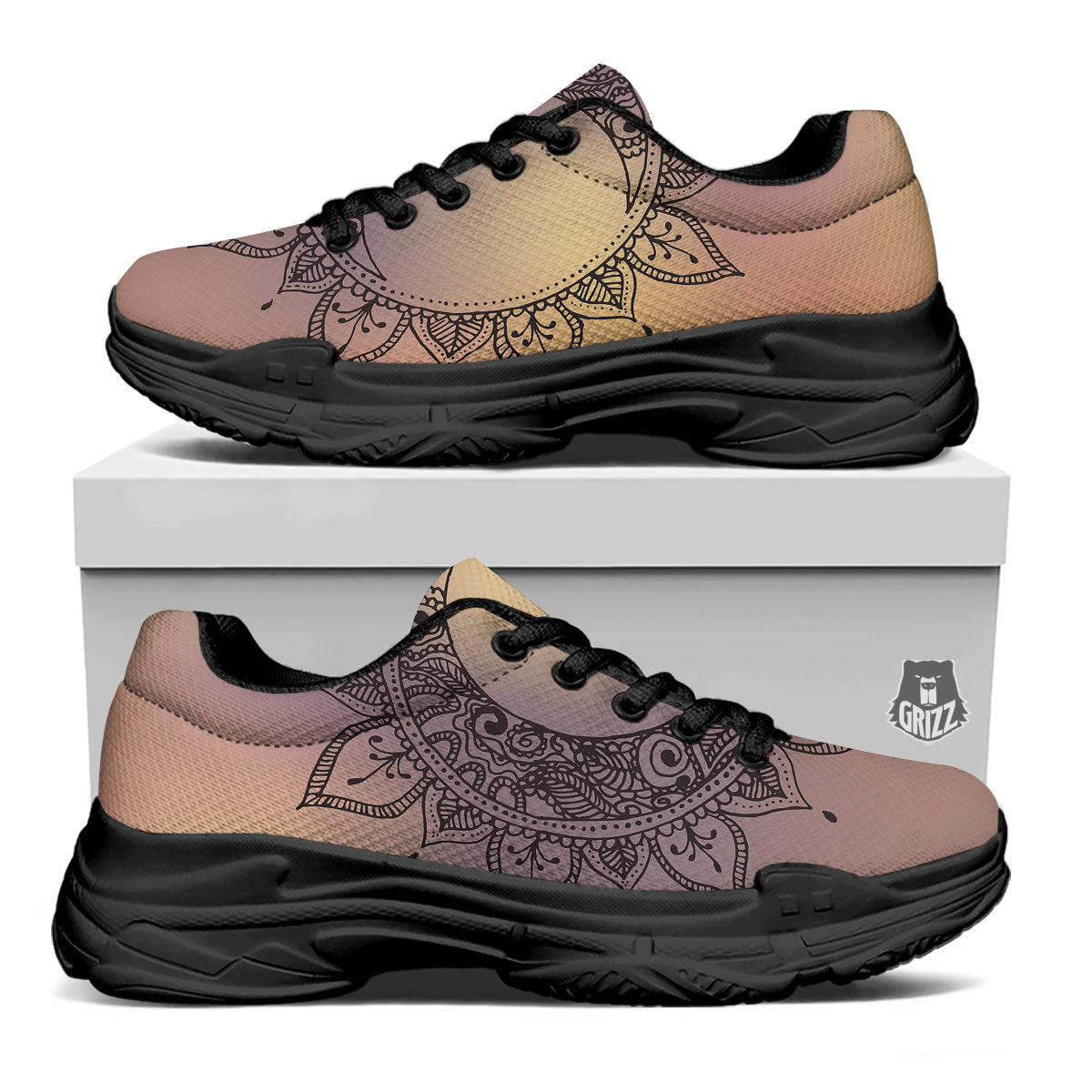 Moon And Bohemian Sun Print Black Chunky Shoes-grizzshop