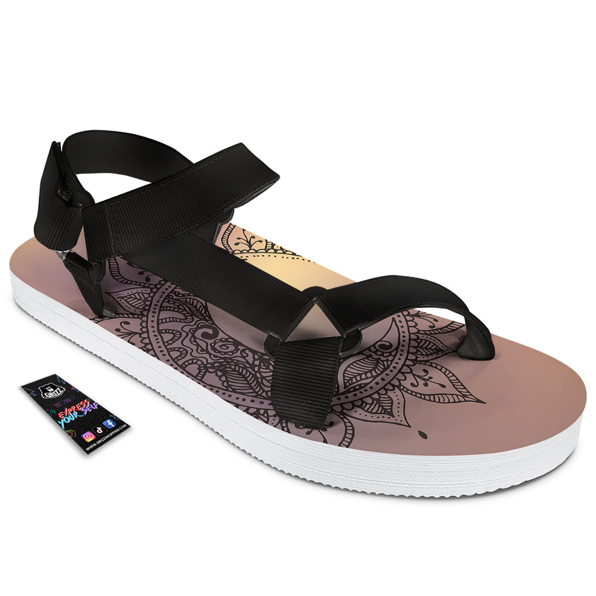 Moon And Bohemian Sun Print Black Open Toe Sandals-grizzshop