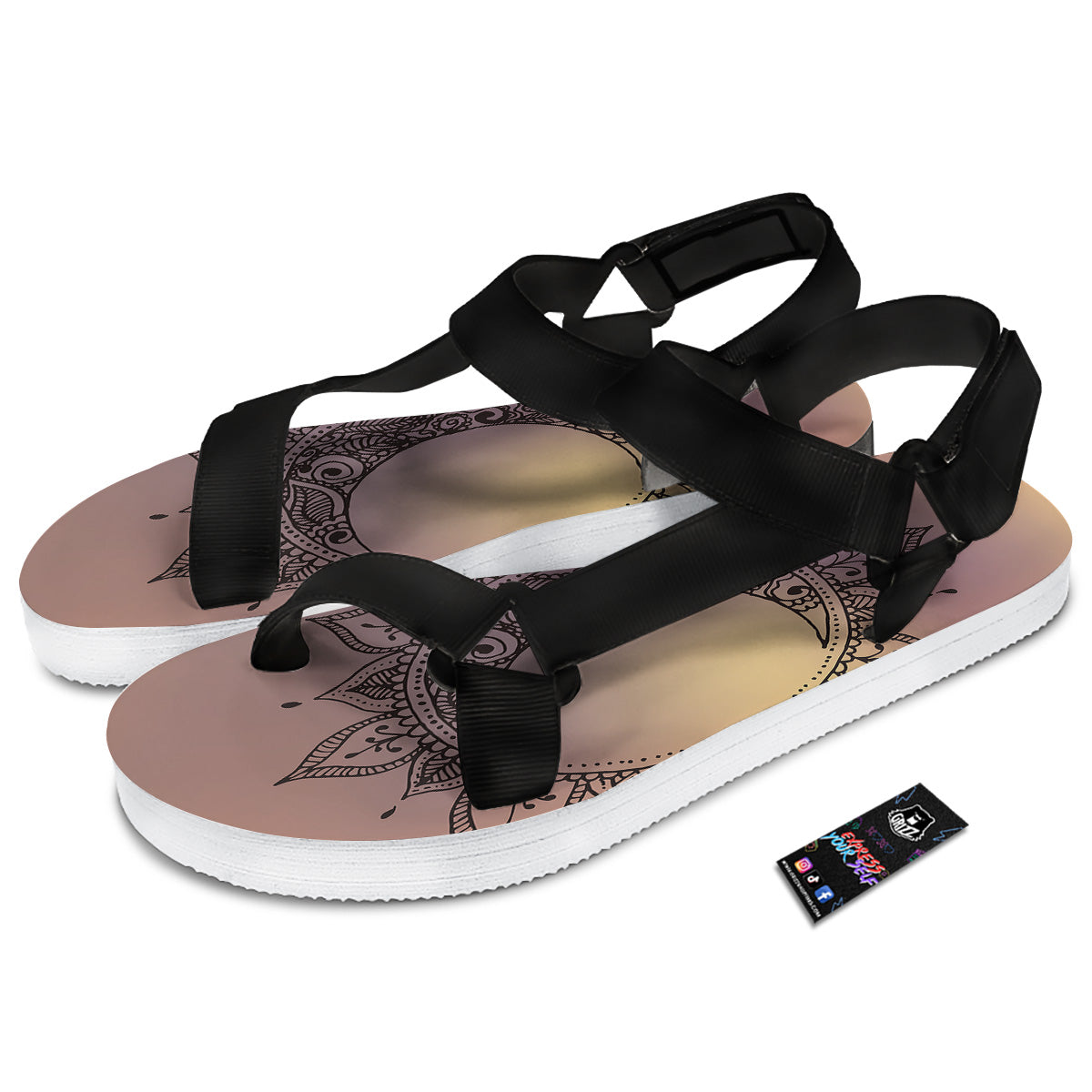 Moon And Bohemian Sun Print Black Open Toe Sandals-grizzshop