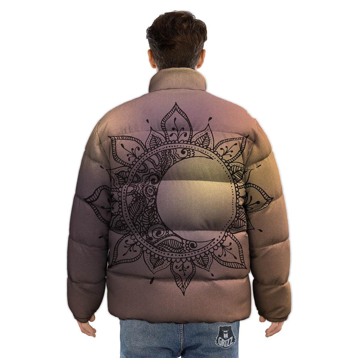 Moon And Bohemian Sun Print Puffer Jacket-grizzshop