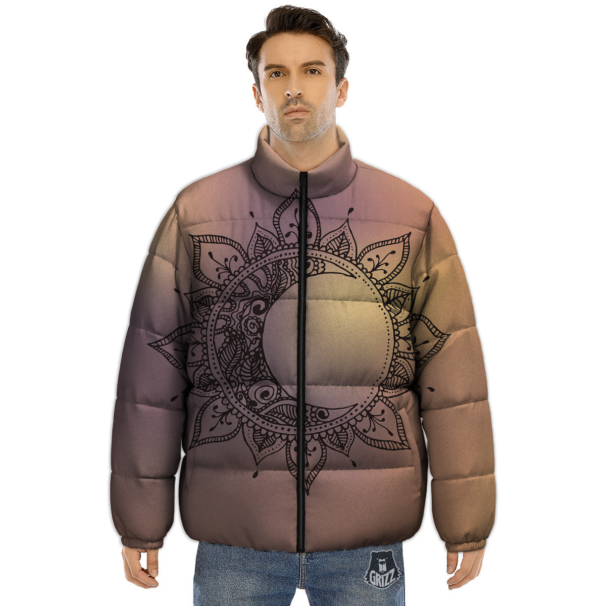 Moon And Bohemian Sun Print Puffer Jacket-grizzshop
