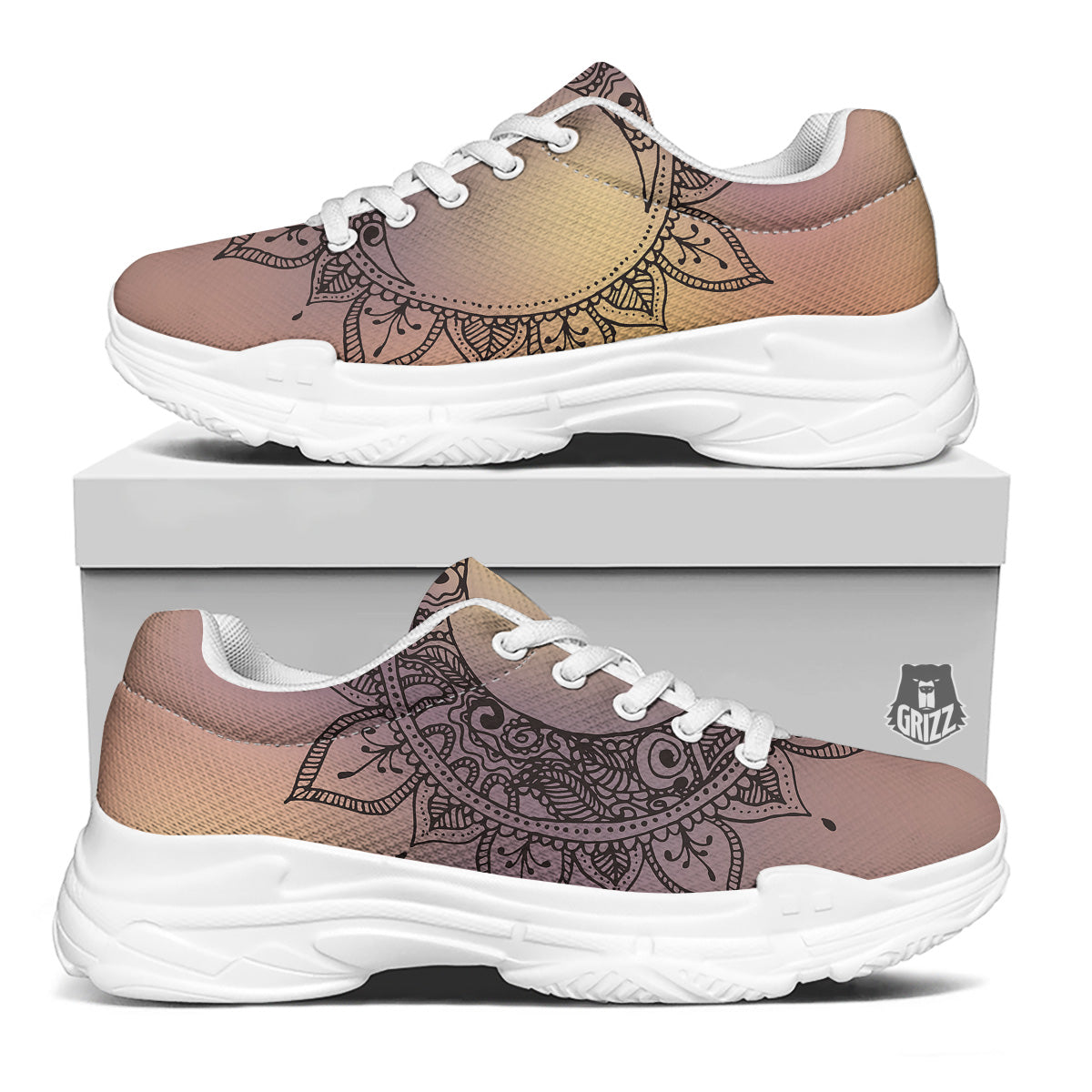 Moon And Bohemian Sun Print White Chunky Shoes-grizzshop
