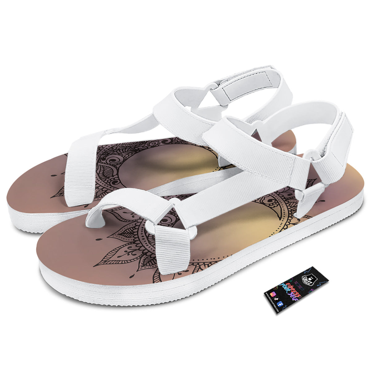 Moon And Bohemian Sun Print White Open Toe Sandals-grizzshop