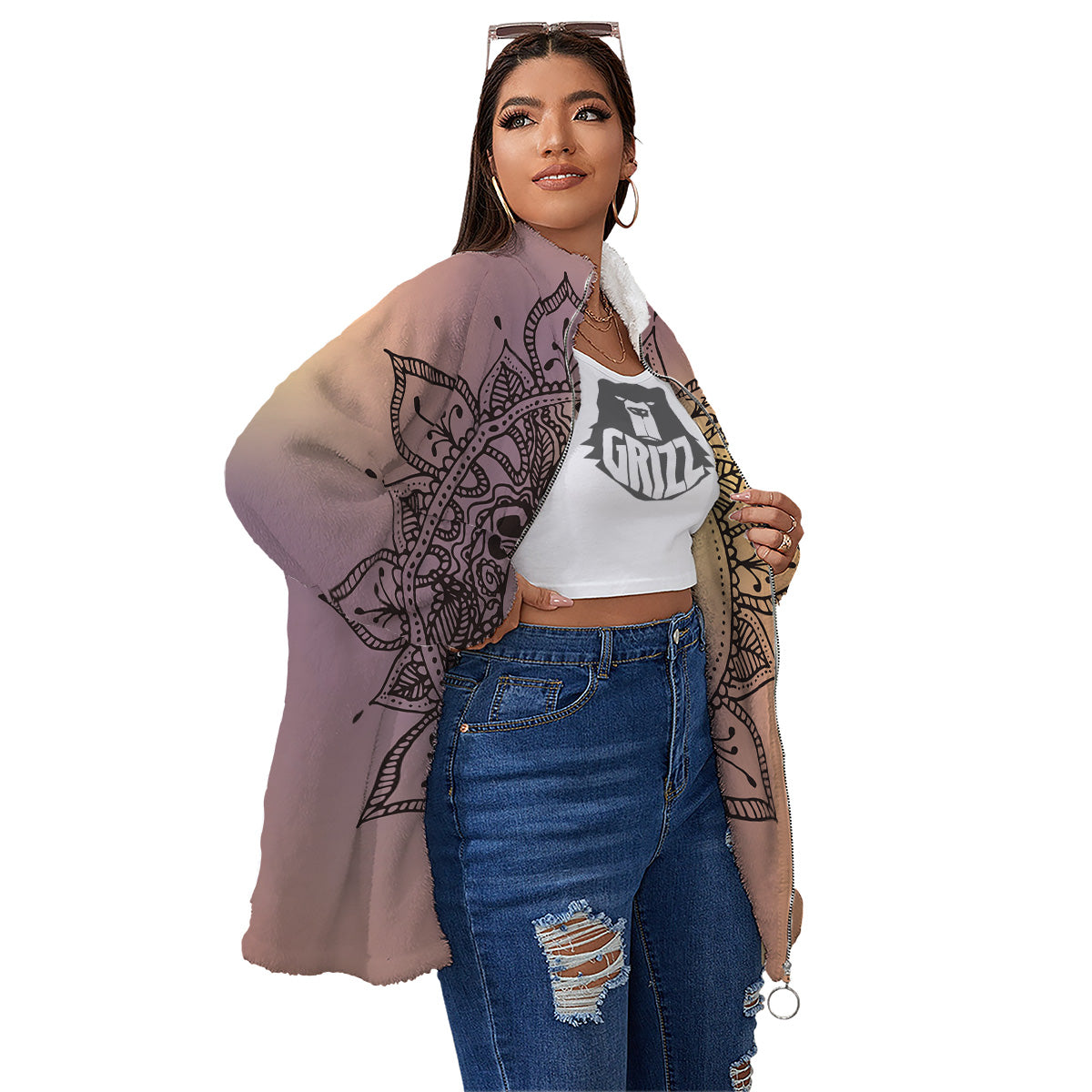 Moon And Bohemian Sun Print Women's Sherpa Jacket-grizzshop