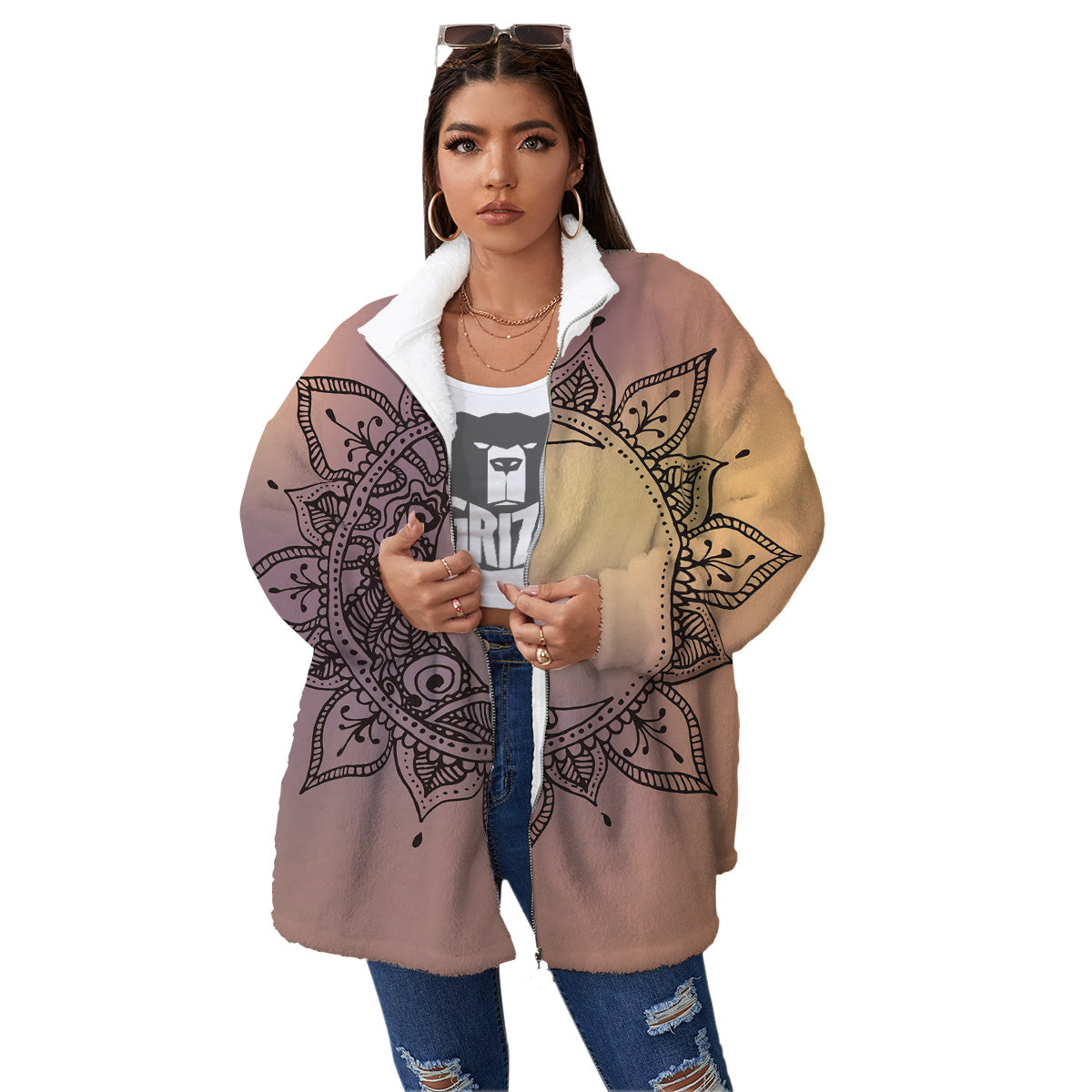 Moon And Bohemian Sun Print Women's Sherpa Jacket-grizzshop