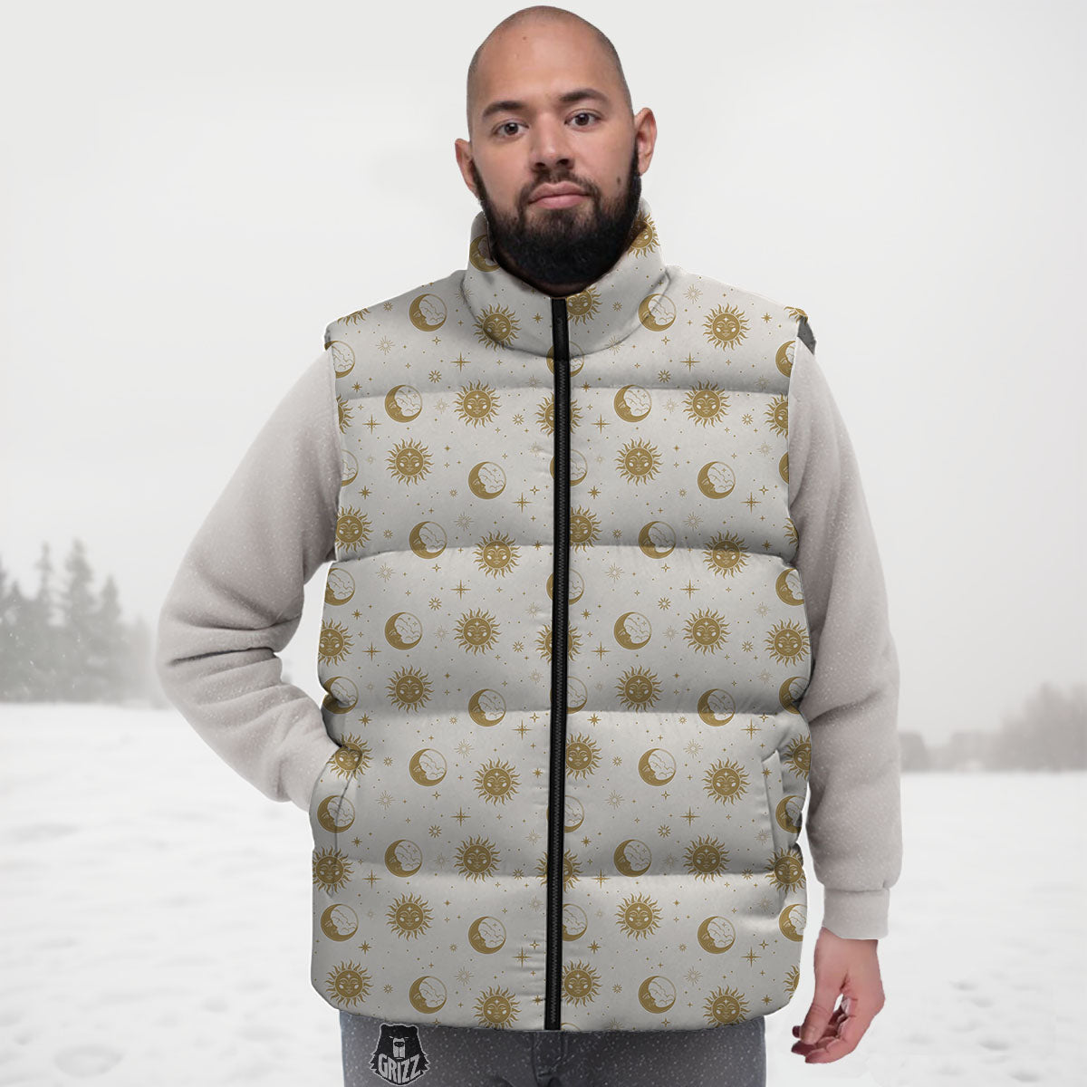 Moon And Gold Sun Print Pattern Down Vest
