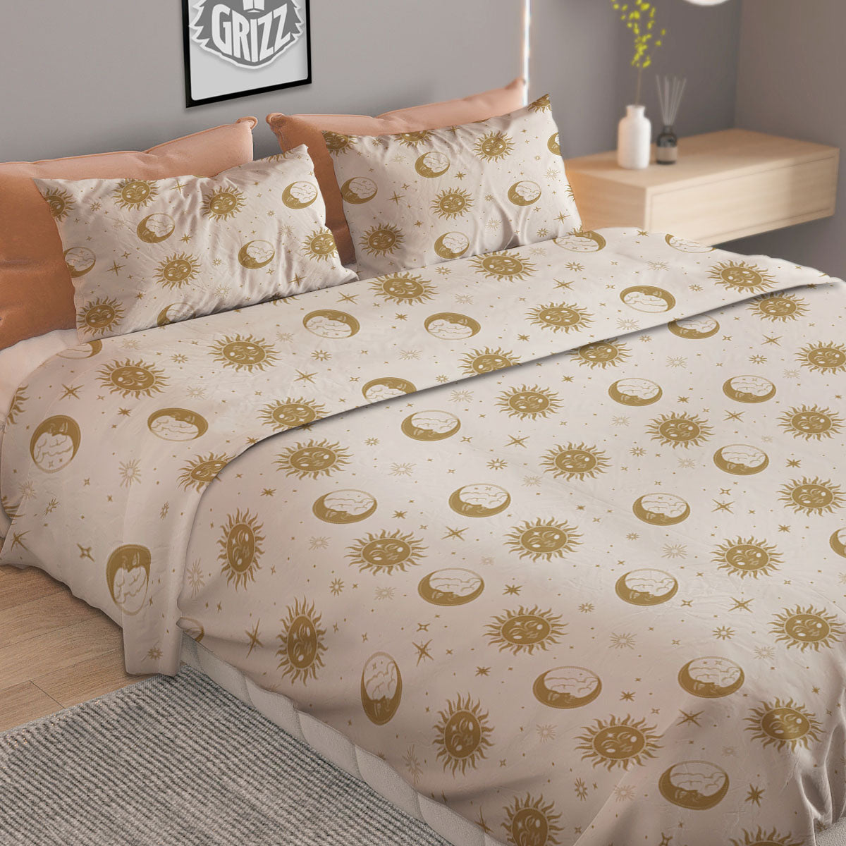 Moon And Gold Sun Print Pattern Duvet Cover Bedding Set