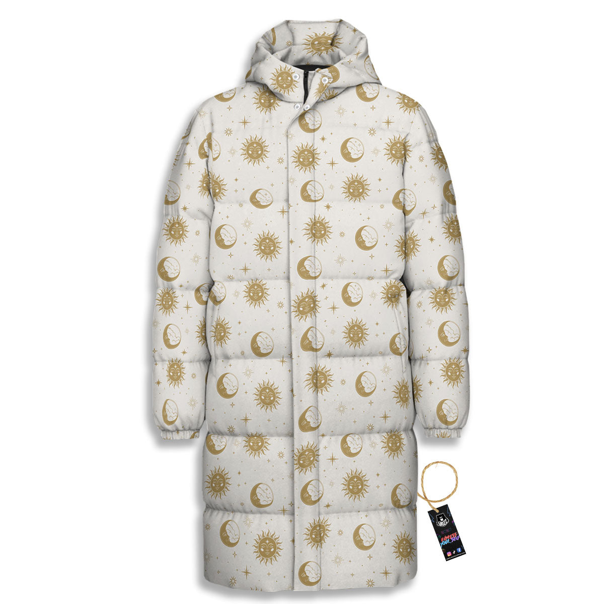 Moon And Gold Sun Print Pattern Long Down Jacket-grizzshop