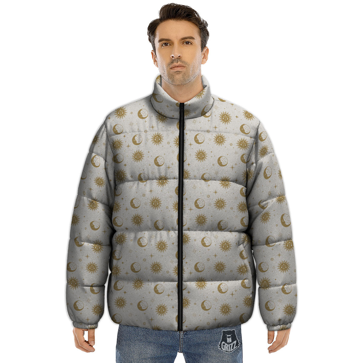 Moon And Gold Sun Print Pattern Puffer Jacket-grizzshop