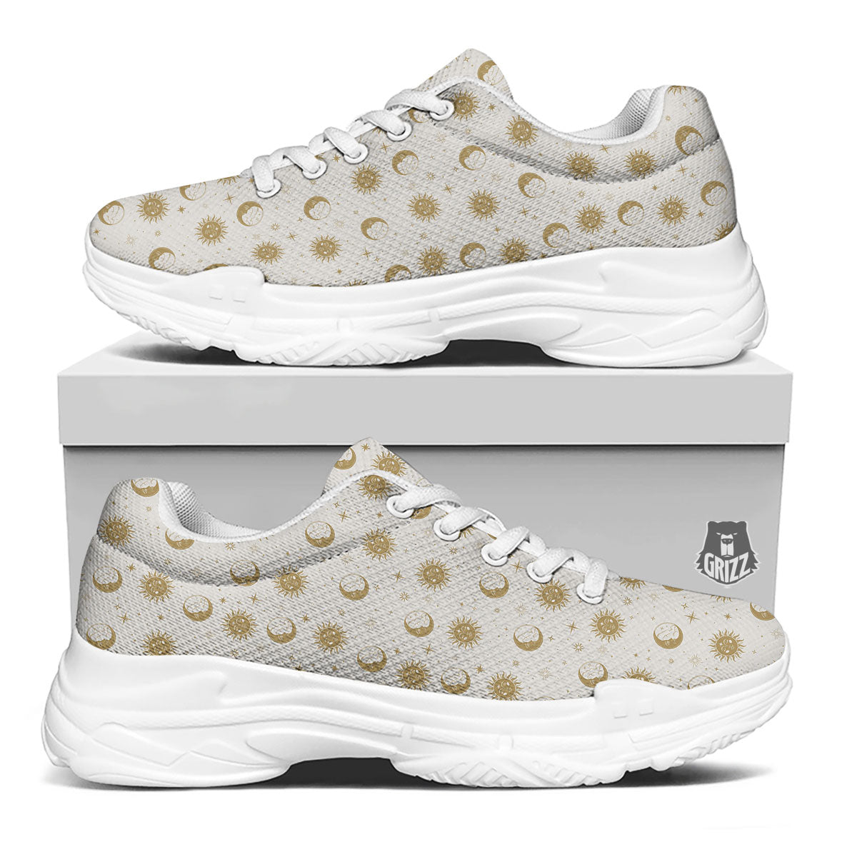 Moon And Gold Sun Print Pattern White Chunky Shoes-grizzshop