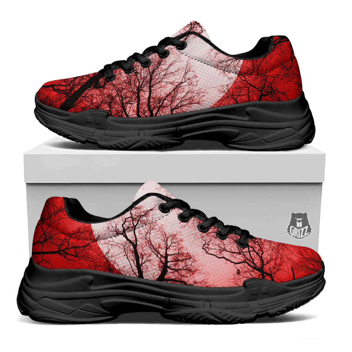 Moon And Horror Forest Print Black Chunky Shoes-grizzshop
