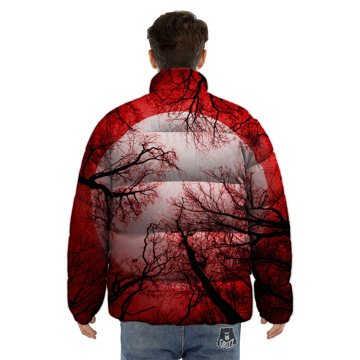 Moon And Horror Forest Print Puffer Jacket-grizzshop