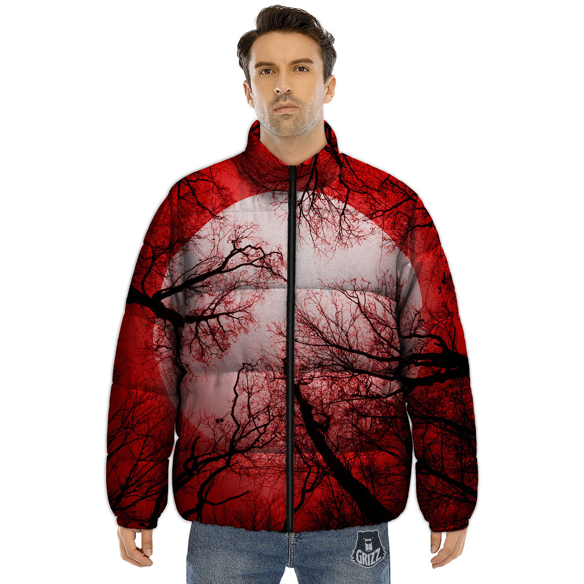 Moon And Horror Forest Print Puffer Jacket-grizzshop