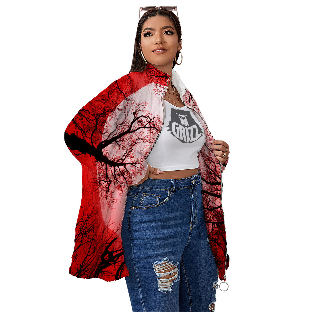Moon And Horror Forest Print Women's Sherpa Jacket-grizzshop