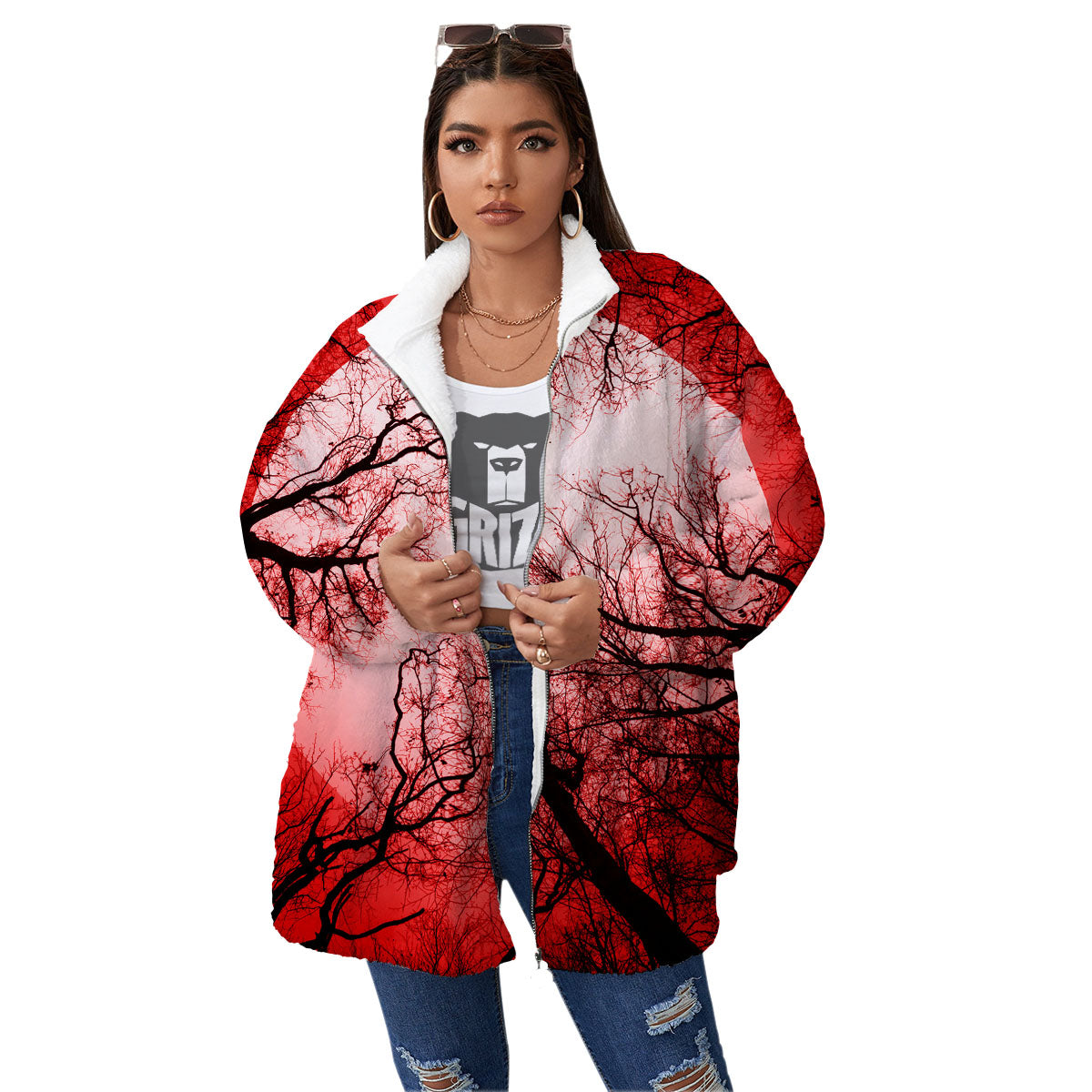 Moon And Horror Forest Print Women's Sherpa Jacket-grizzshop