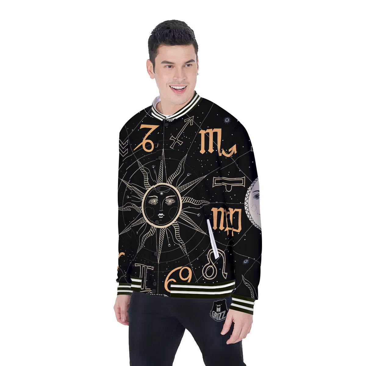 Moon And Vintage Sun Print Baseball Jacket-grizzshop