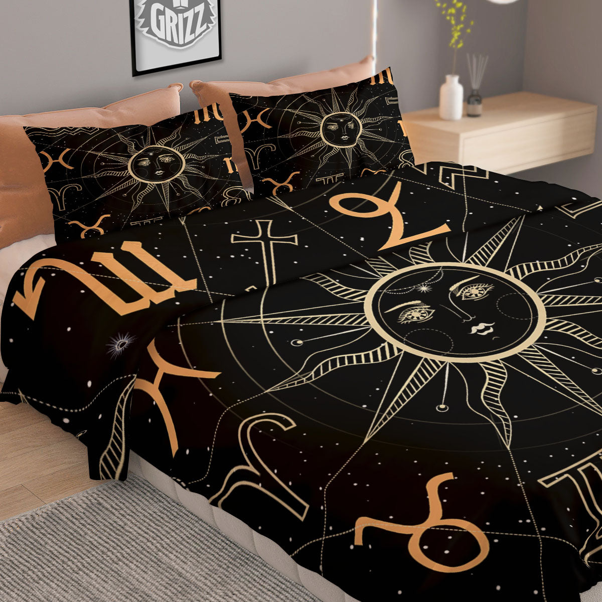 Moon And Vintage Sun Print Duvet Cover Bedding Set