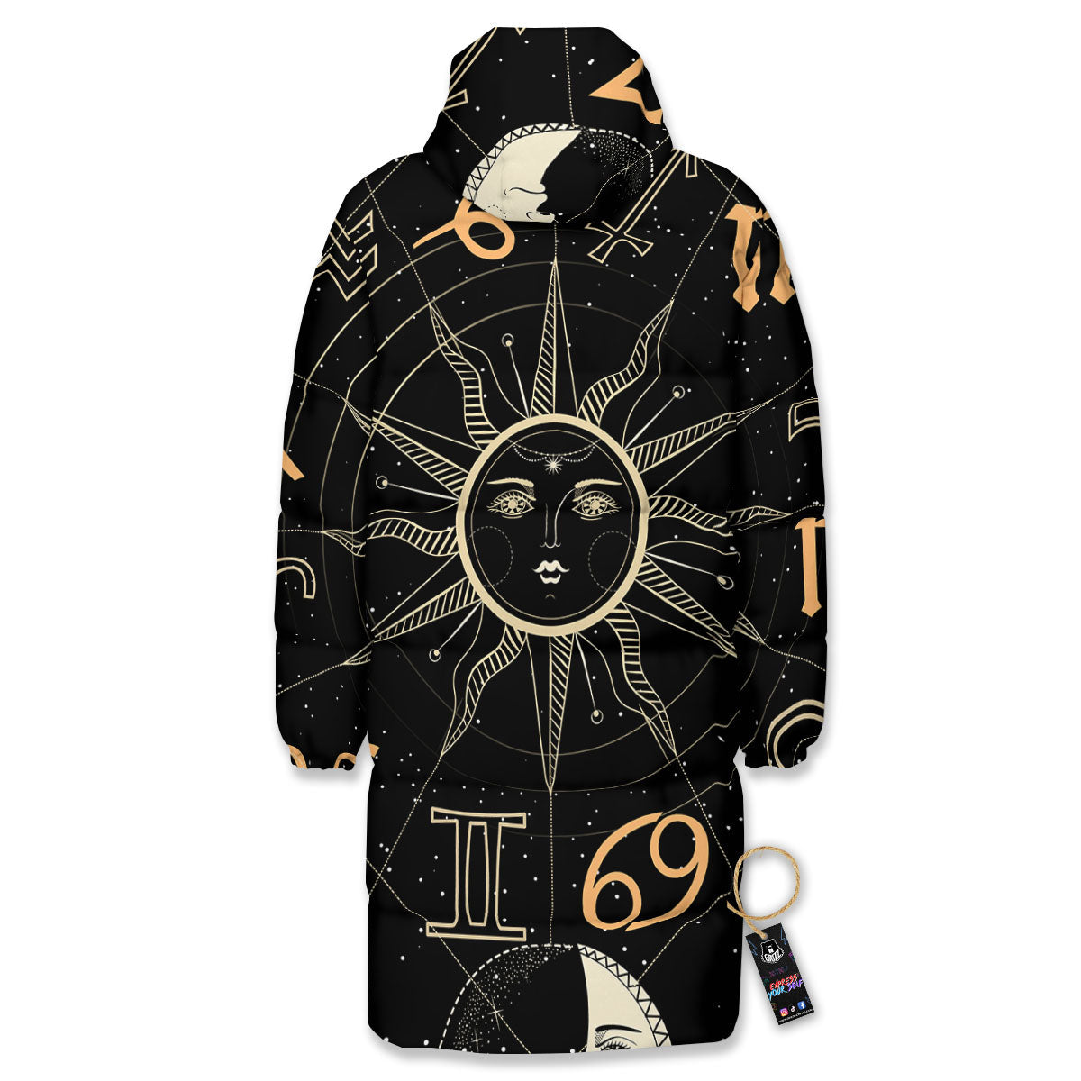 Moon And Vintage Sun Print Long Down Jacket-grizzshop