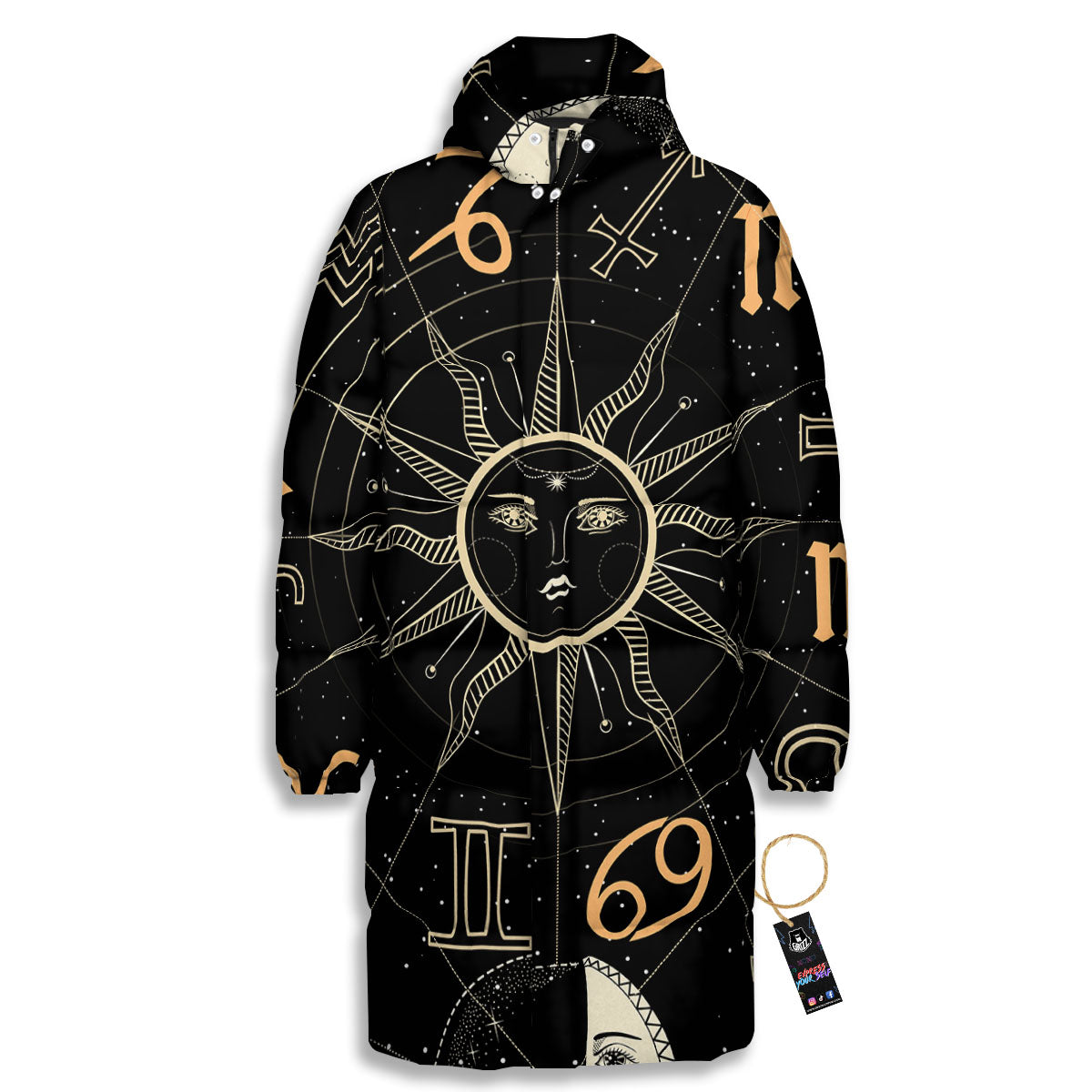 Moon And Vintage Sun Print Long Down Jacket-grizzshop