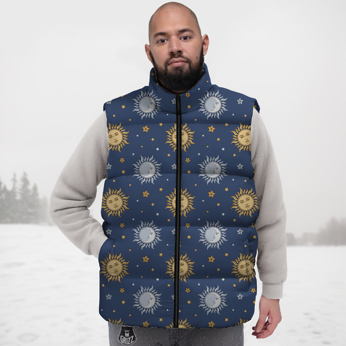 Moon And Vintage Sun Print Pattern Down Vest