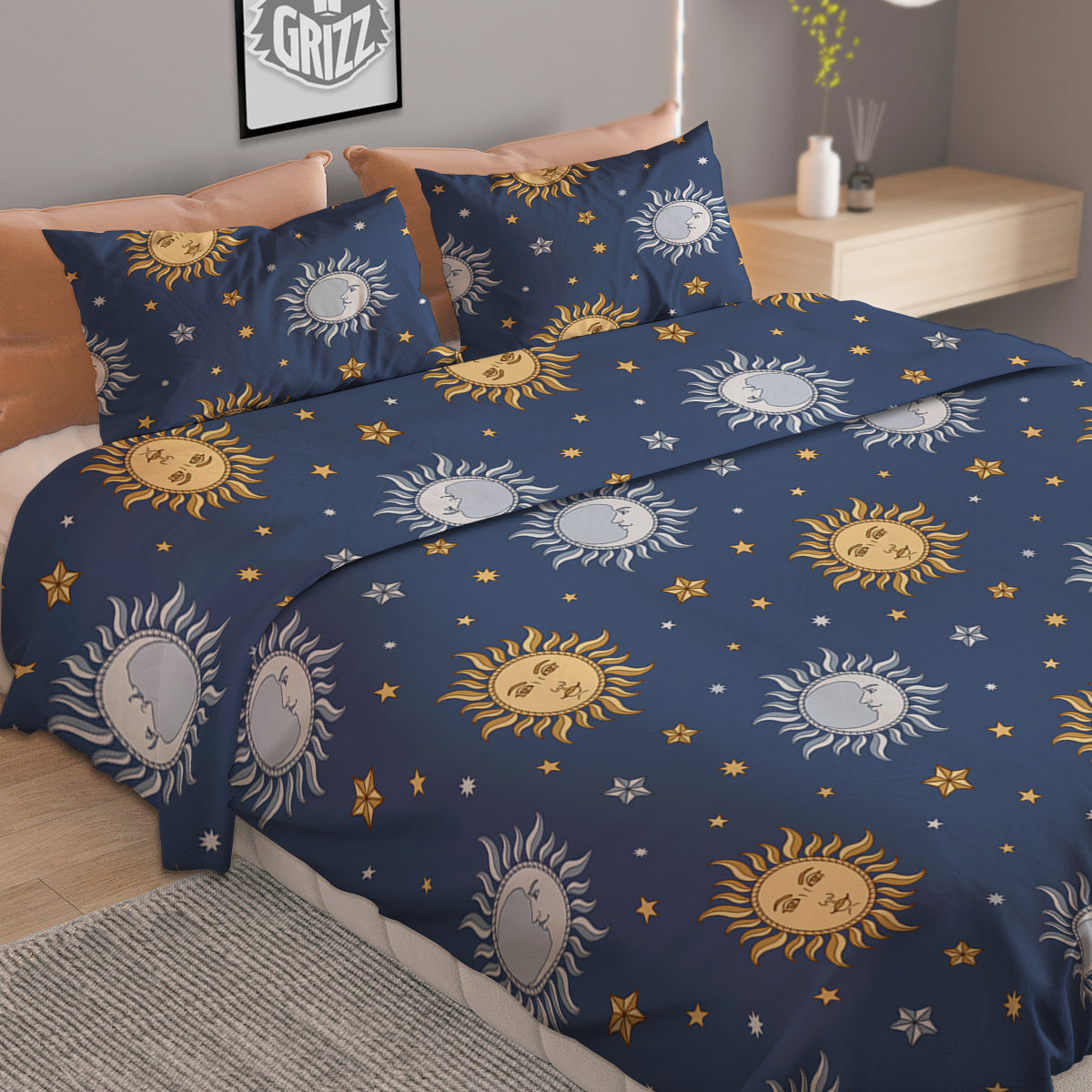 Moon And Vintage Sun Print Pattern Duvet Cover Bedding Set