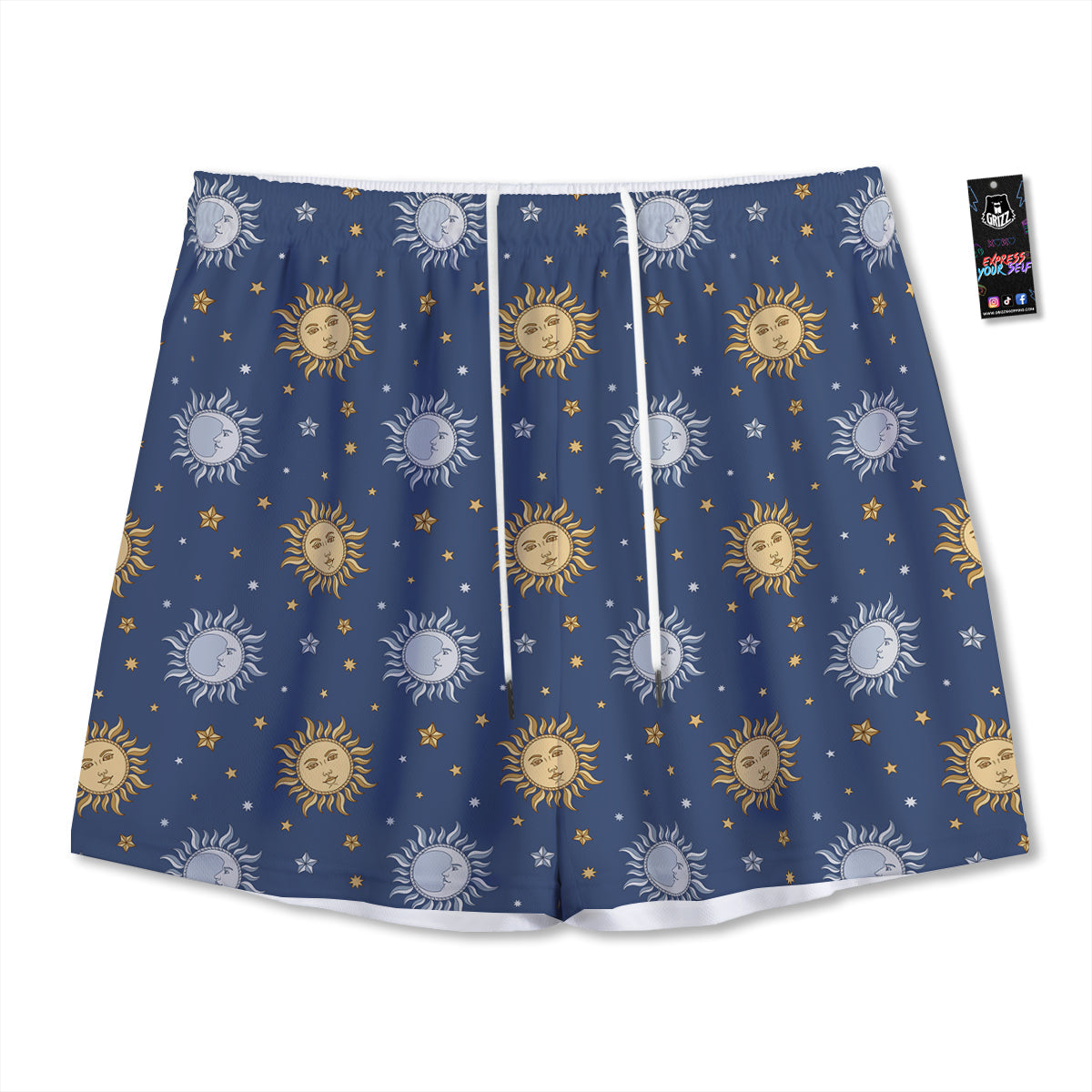 Moon And Vintage Sun Print Pattern Mesh Shorts