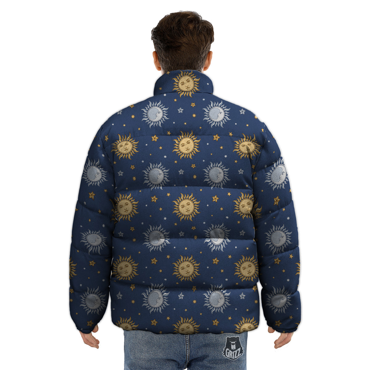 Moon And Vintage Sun Print Pattern Puffer Jacket-grizzshop