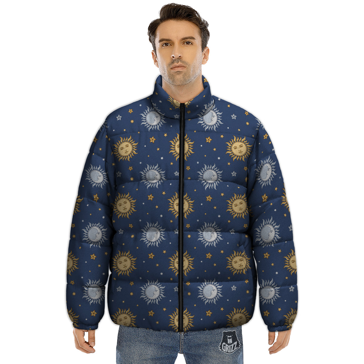 Moon And Vintage Sun Print Pattern Puffer Jacket-grizzshop
