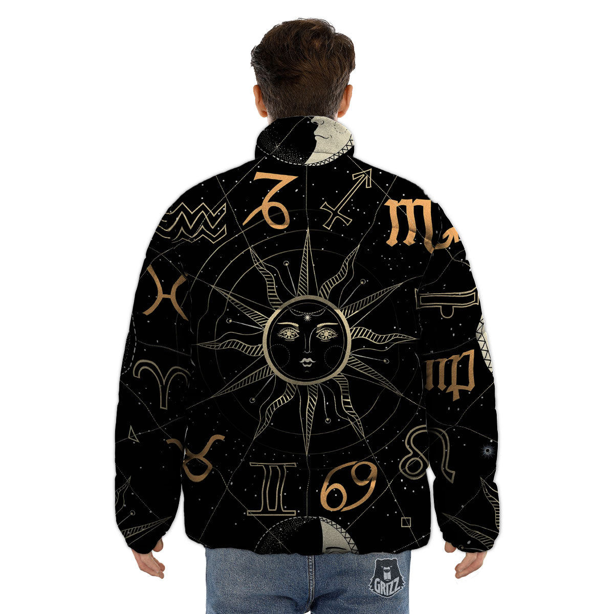 Moon And Vintage Sun Print Puffer Jacket-grizzshop