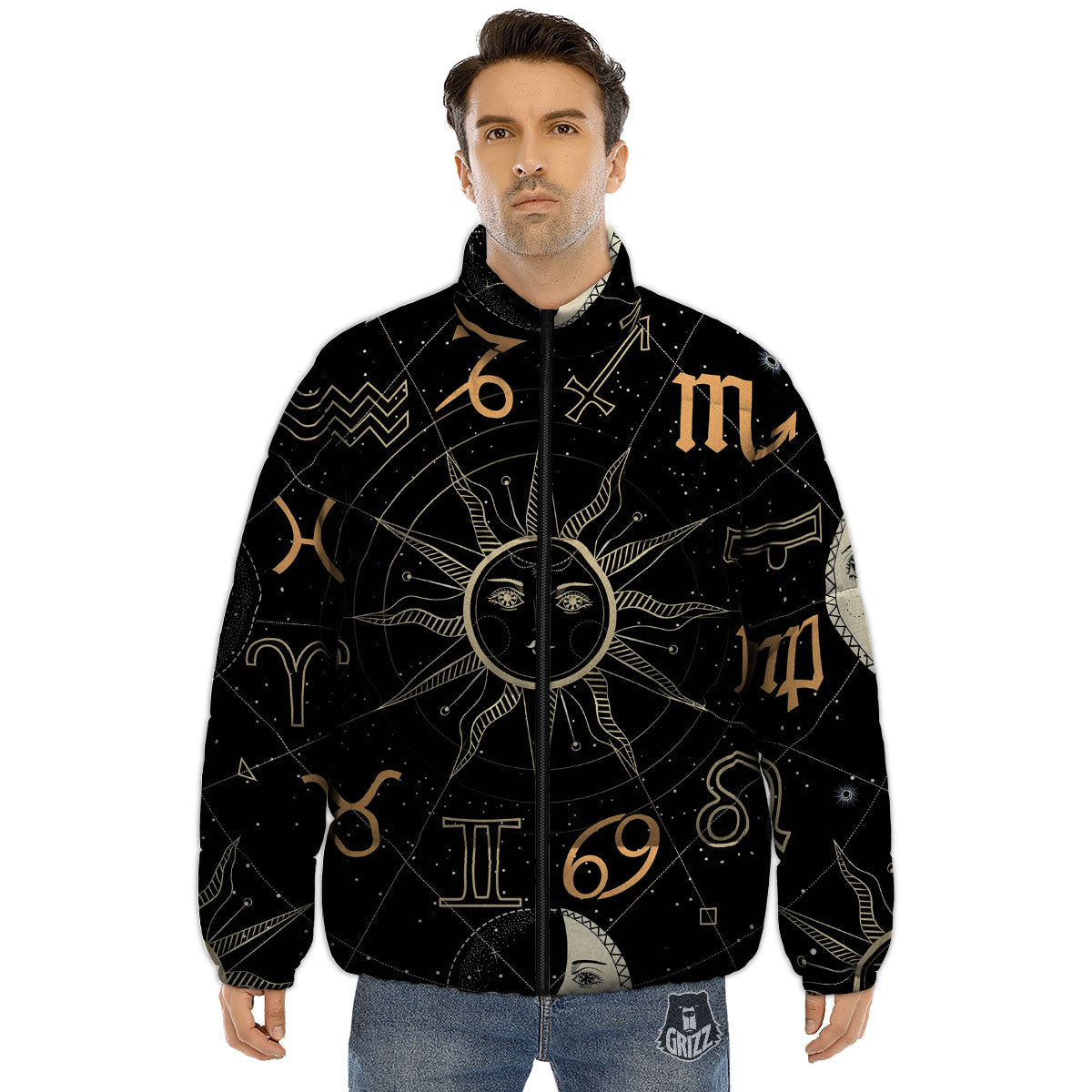 Moon And Vintage Sun Print Puffer Jacket-grizzshop