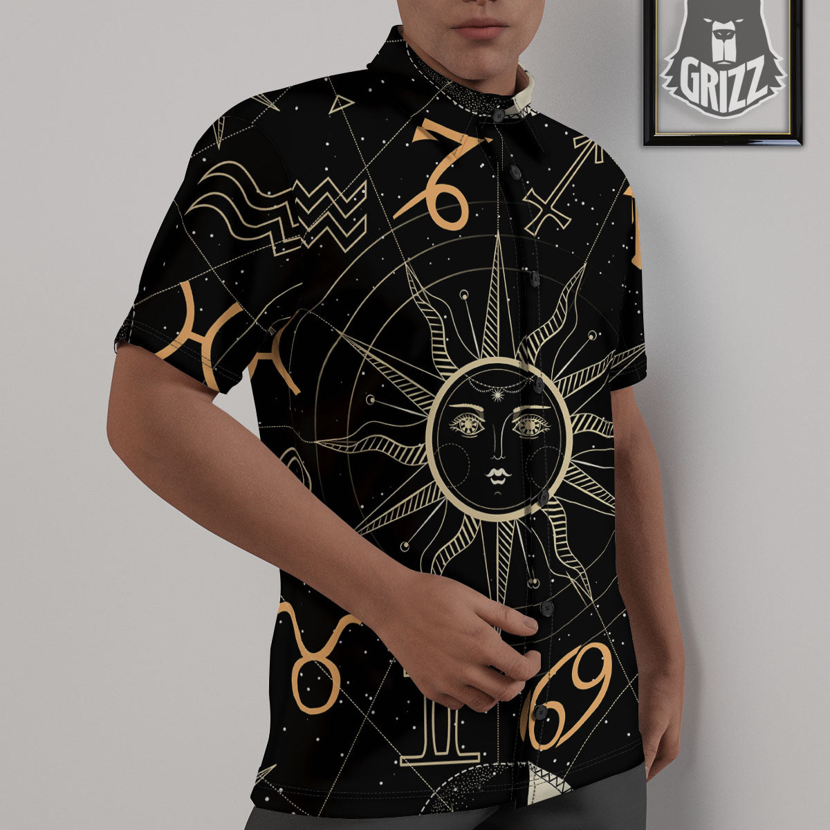 Moon And Vintage Sun Print Untucked Shirts-grizzshop