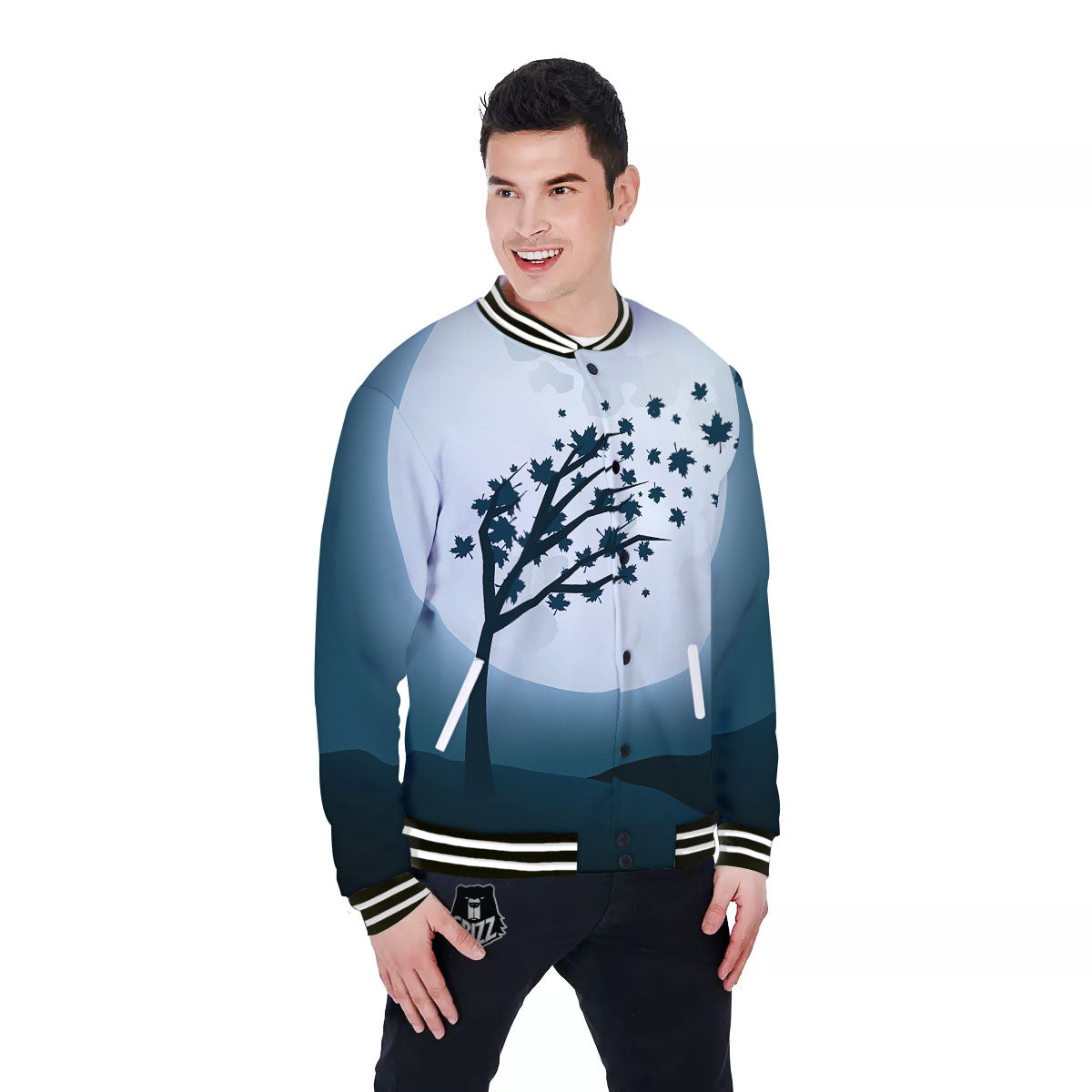 Moon Full Autumn Print Baseball Jacket-grizzshop