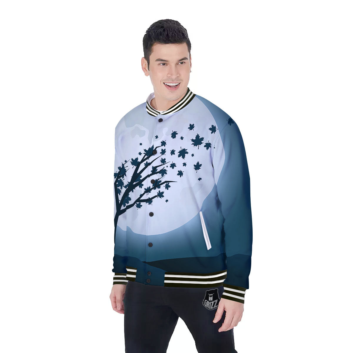 Moon Full Autumn Print Baseball Jacket-grizzshop