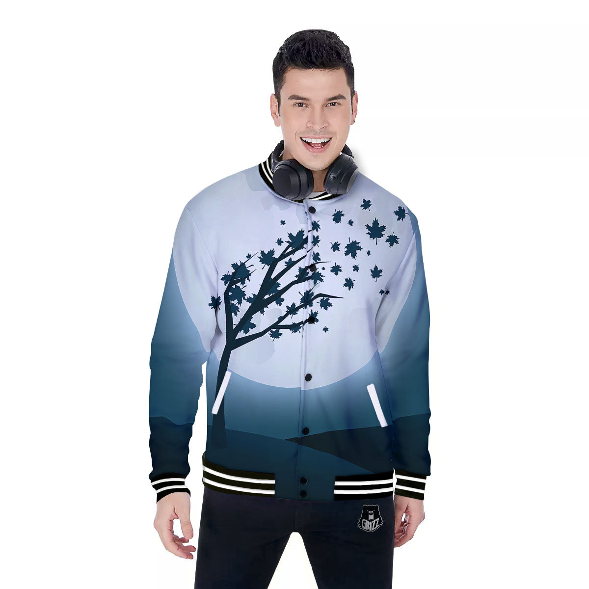 Moon Full Autumn Print Baseball Jacket-grizzshop