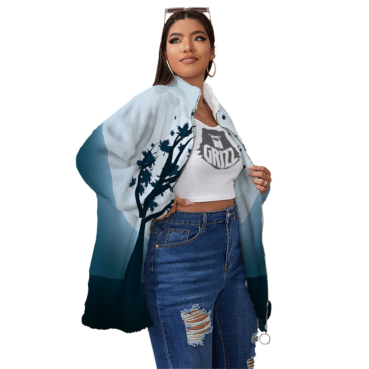 Moon Full Autumn Print Women's Sherpa Jacket-grizzshop
