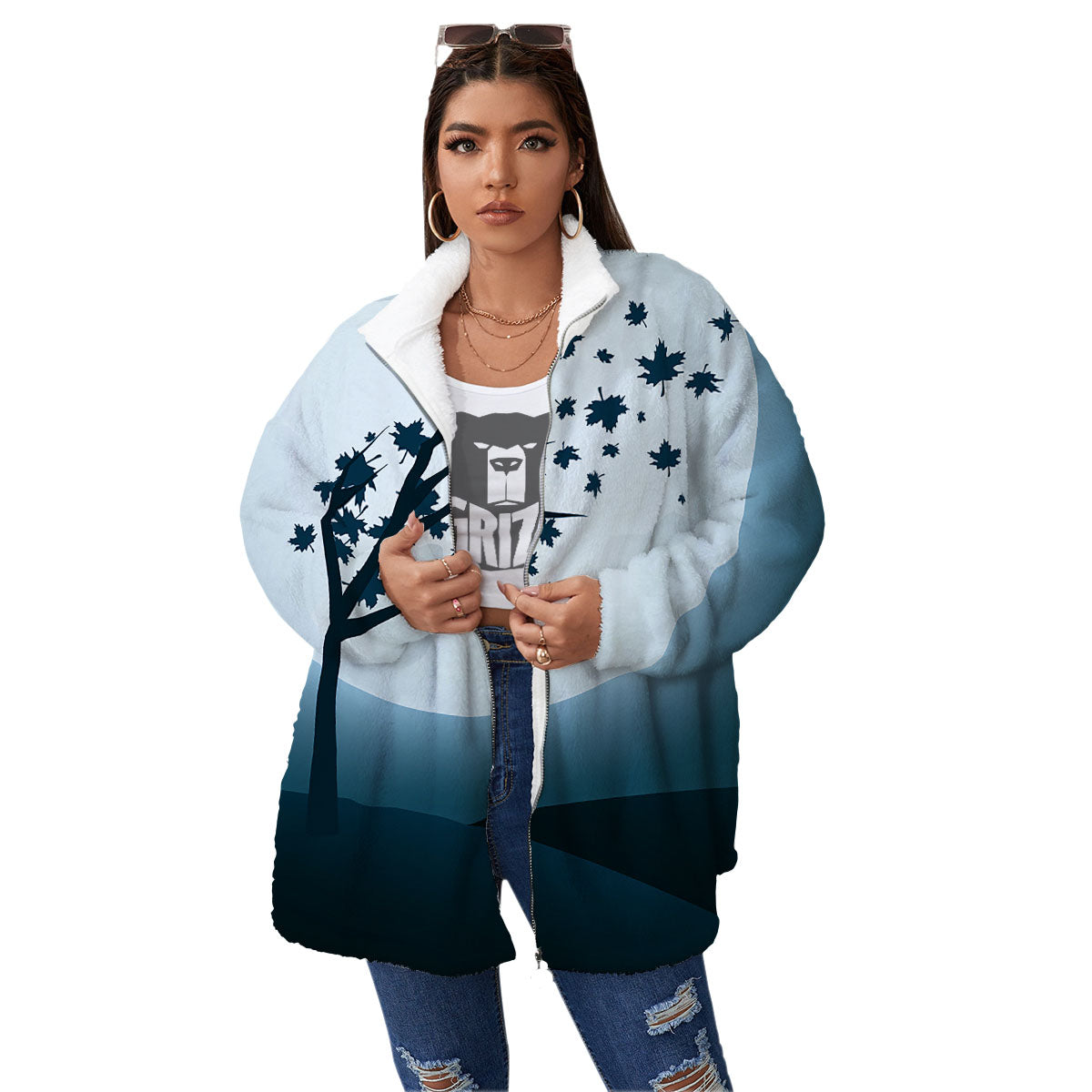 Moon Full Autumn Print Women's Sherpa Jacket-grizzshop