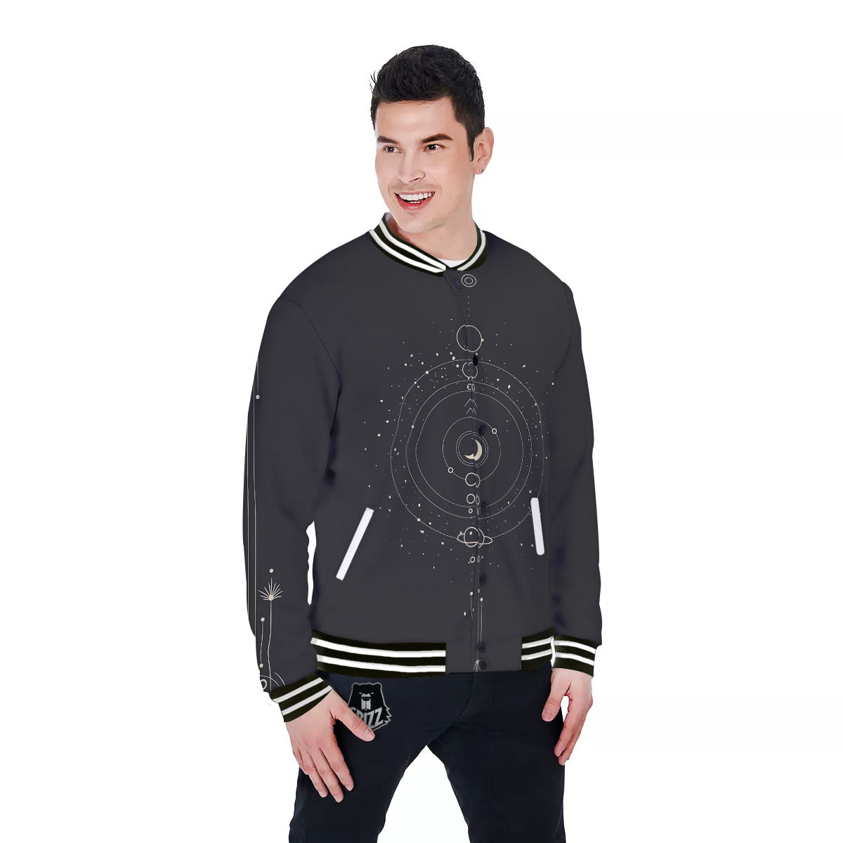 Moon Phase Galaxy Print Baseball Jacket-grizzshop