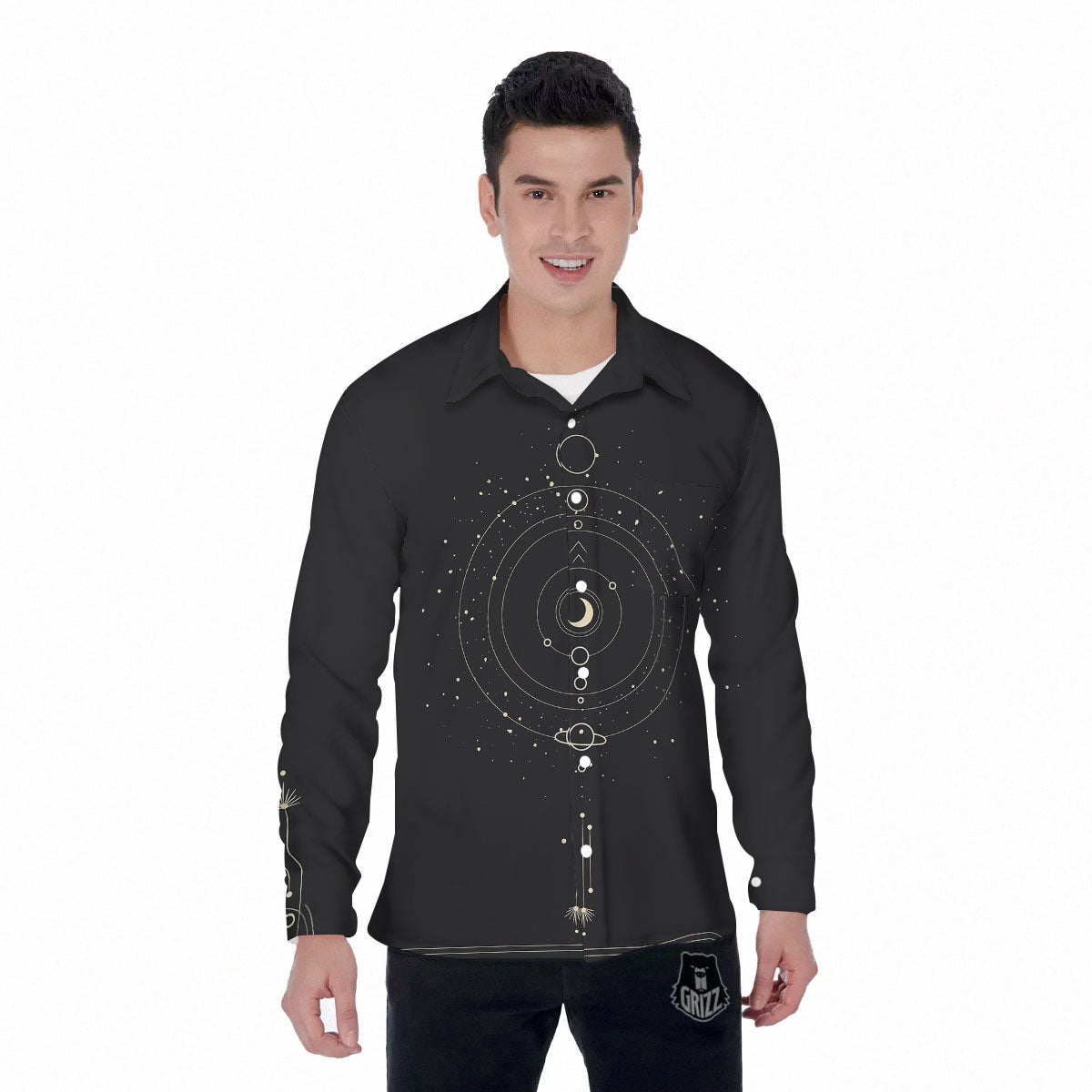 Moon Phase Galaxy Print Men's Long Sleeve Shirts-grizzshop